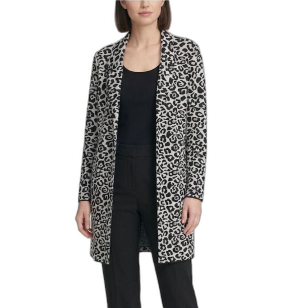 Marc New York Women's Black White Leopard Print Long Cardigan Sweater Size M